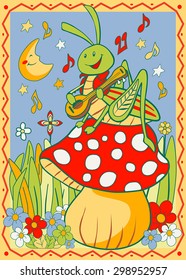 fabulous fun grasshopper sitting on mushroom with flowers, plays guitar song