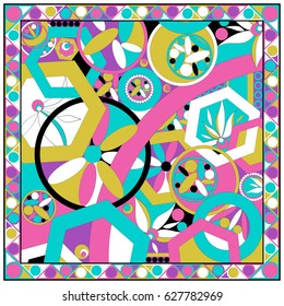 A fabulous and fun print. Abstract geometric swirl silk scarf in pink, ivory, purple, and black. Engineered spiral motif border detailing.Vintage Silk Scarf.