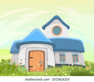 Fabulous funny house in clearing. Blue roof. Grass meadow. Beautiful cartoon landscape illustration. Wooden door and windows. Cute baby picture. Vector