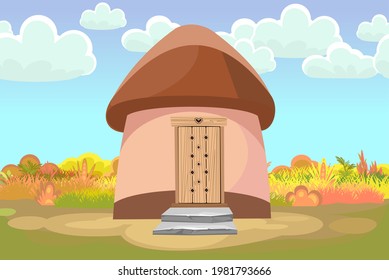 Fabulous funny house in clearing. Brown roof. Grass meadow. Cloud. Beautiful cartoon landscape illustration. Wooden door. Cute baby picture. Vector