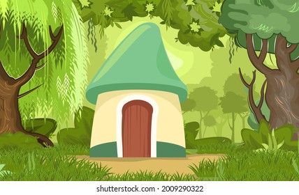 Fabulous funny house in clearing. Forest meadow landscape. Garden. Willow. Dwelling of gnome. Beautiful cartoon illustration. Cute baby picture. Vector