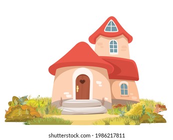 Fabulous funny house in clearing. Grass meadow. Beautiful cartoon landscape illustration. Red roof. Isolated cute baby picture. Vector