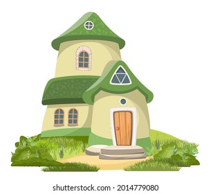 Fabulous funny house in clearing. Grass meadow. Beautiful cartoon landscape illustration. Green roof. Isolated cute baby picture. Vector