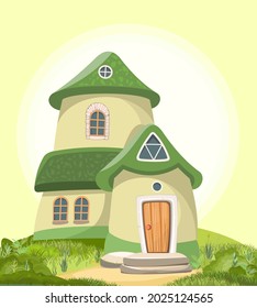 Fabulous funny house in clearing. Green roof. Grass meadow. Beautiful cartoon landscape illustration. Wooden door and windows. Cute baby picture. Vector