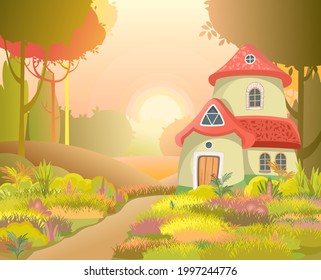 Fabulosa casa graciosa en el aclaramiento. Techo rojo. Prado de hierba. Hermosa ilustración del paisaje forestal de dibujos animados. Carretera. Puerta de madera. Una linda foto de bebé. Vector