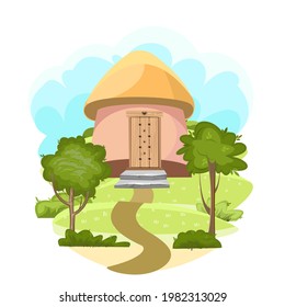 Fabulous funny house in clearing. Straw roof. Grass meadow. Beautiful cartoon landscape illustration. Wooden door. Isolated Vector