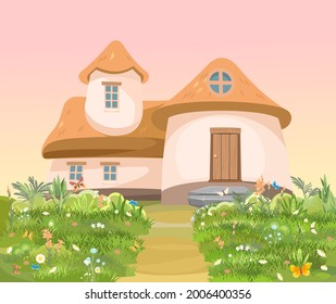 Fabulous funny house in clearing. Straw roof. Grass flower meadow. Beautiful cartoon landscape illustration. Wooden door and windows. Road. Vector