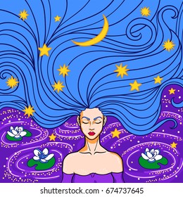 Fabulous girl with stars in her hair stands in the water with water lilies.