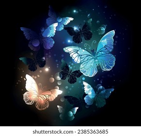 Fabulous, glowing, blue and yellow, night butterfly on dark background. hand drawn vector art