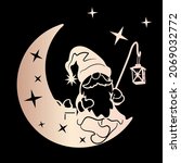 A fabulous gnome with a flashlight sits on the moon with his legs dangling. Sublimation and cutting file.