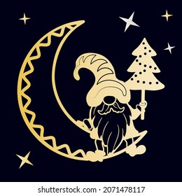 A fabulous gnome with a herringbone sits on the moon with his legs dangling. Sublimation and cutting file.