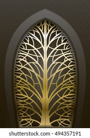 Fabulous golden gate in the east and the Arabian style of forging in the form of silhouettes of trees. Vector graphics