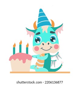 fabulous green dragon celebrates a birthday.  With a cap on his head and near the cake. Vector illustration for designs, prints, greeting card and patterns. Cute  fantastic symbol  baby dragon of 2024