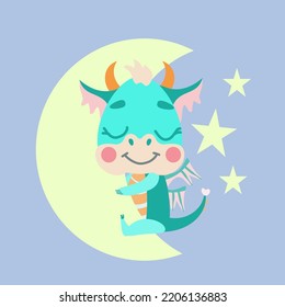  fabulous green dragon sits happily on the moon smiling next to the stars. Vector illustration for designs, prints and patterns. Cute illustration of the fantastic symbol of the baby dragon of 2024