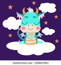 Fabulous green dragon sits happy on a cloud, smiling next to clouds and stars. Vector illustration for designs, prints and patterns. Cute illustration of a fantastic baby dragon symbol 2024