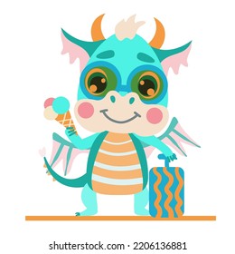 fabulous green dragon traveler in sunglasses with a suitcase and ice cream. Vector illustration for designs, prints and patterns. Cute illustration of the fantastic symbol of the baby dragon of 2024