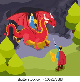 Fabulous heroes isometric composition with fight for princess between prince and dragon in forest vector illustration
