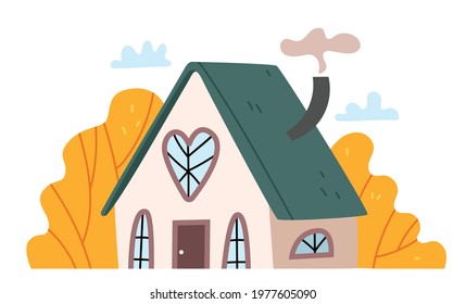 Fabulous house in the autumn forest. Green roof and strangely shaped windows. Illustration for a fantasy story. Hobbit housing.