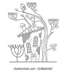 A fabulous house and a blooming tree on a white background. Anti-stress coloring book for children and adults. Decorative element for design