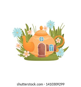 Fabulous house in the form of a teapot among grass and flowers. Vector illustration on white background.