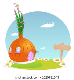 Fabulous house of a large bulb. Background for the game interface .Vector cartoon close-up illustration.