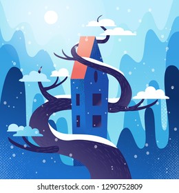 Fabulous house with roof, intertwined with tree on mountains,hills background. Winter weather, snowflakes fly, snow lies on crowns. Square Flat cartoon vector illustration with textures and gradient