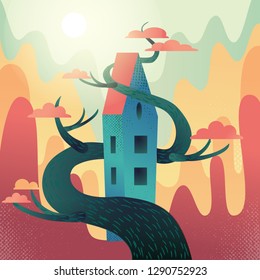 Fabulous house with roof, intertwined with tree on mountains,hills background. Autumn weather, warm fall sun shines, orange crowns. Square Flat cartoon vector illustration with textures and gradient