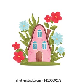 Fabulous house with a rounded roof among flowers. Vector illustration on white background.