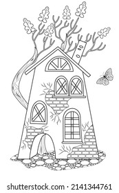 A fabulous house, a tree and clouds on a white background. Anti-stress coloring book for children and adults. Decorative element for design