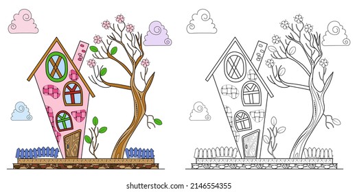 A fabulous house, a tree and clouds on a white background. Anti-stress coloring book for children and adults. Decorative element for design