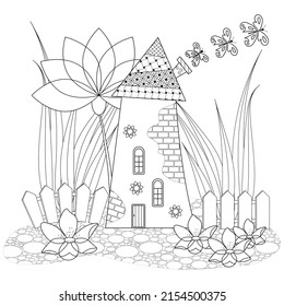 A fabulous house, a tree and clouds on a white background. Anti-stress coloring book for children and adults. Decorative element for design