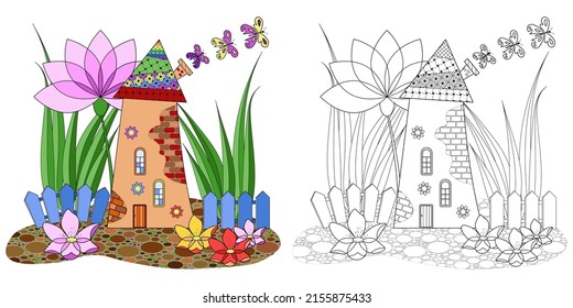 A fabulous house, a tree and clouds on a white background. Anti-stress coloring book for children and adults. Decorative element for design