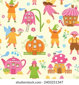 Fabulous houses and cute fairies. Repeated background, dwarves and elves, magical village residents, cute creatures, vector pattern seamless.eps
