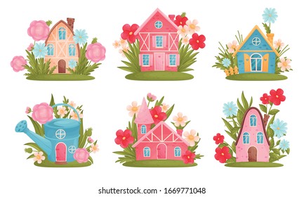 Fabulous Houses Surrounded by Grass and Flowers Vector Set