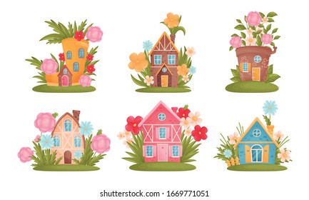 Fabulous Houses Surrounded by Grass and Flowers Vector Set