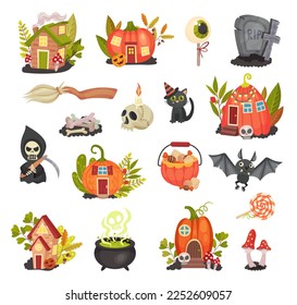 Fabulous Houses Surrounded by Grass and Flowers Big Vector Set