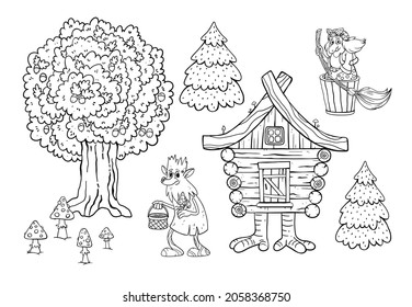 Fabulous illustration. Baba Yaga. Leshiy. A hut on chicken legs. Magic. Coloring book for kids.Vector illustration. Forest house. Russian folklore.