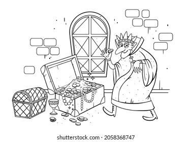 Fabulous illustration. Koschei is immortal. Chests of gold. The miser. Money. Wealth Coloring Book for kids. The man in the crown. Russian folklore.