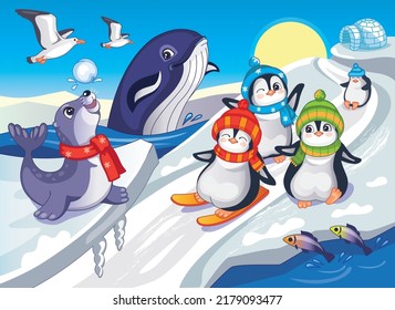 Fabulous illustration for puzzles. Magic background with funny animals. Children's print. Penguins, whale and seal in Antarctica. Doll or toy. Happy family and friends. Wonderland. Fairy tale. Vector.