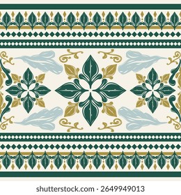 Fabulous Intricate Beautiful Florals Ornament Geometric Combine Deep Green And Gold Royal Design Silk Weaves Filigree Scroll Seamless Border Pattern on White Background. Elaborate Luxury Thai Style 