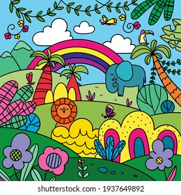 A fabulous jungle with animals and butterflies. A bright children's illustration with an elephant and a lion. picture for album cover, packaging for kids' creativity