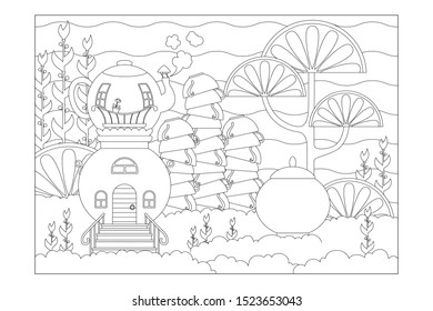 fabulous landscape with a house of samovar, with cups and sugar bowl. Sheet for children's coloring books. Vector