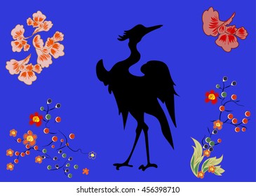 Fabulous large bird with black feathers. Japanese and Chinese style.