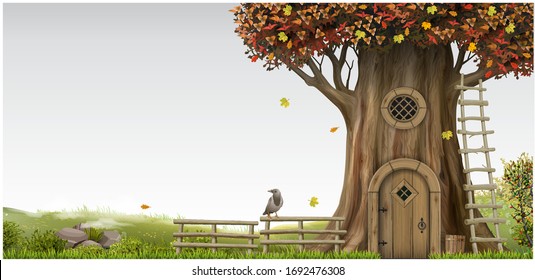 A fabulous legendary landscape with an old oak tree with an eco house. Gnome's hut. Autumn and foggy nature