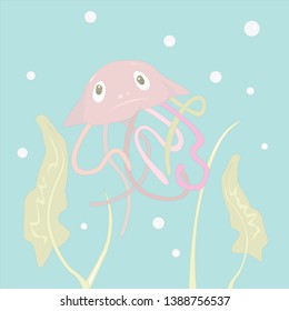 Fabulous little jellyfish underwater among the sea plants. Vector illustration. Cartoon style. Pastel colors. For children book,t-shirt,poster. Light blue background.