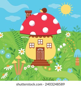 Fabulous magic mushroom house. Cute fairytale housing, fly agaric with windows on summer meadow, cartoon funny building, vector illustration.eps
