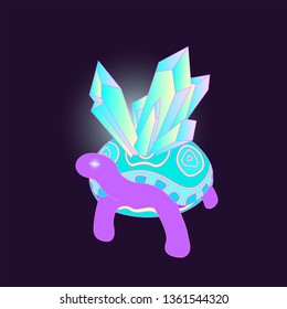 Fabulous magic turtle with crystals on the shell on a black background. Vector illustration