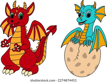 Fabulous Magical Cute Dragons. Vector Illustration of Cartoon Dragons with Wings and Tail