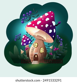 fabulous magical night house mushroom, fly agaric, on a green background, vector illustration