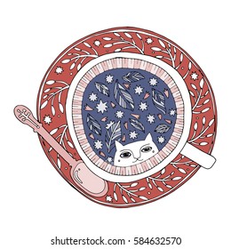 fabulous, magical white cat is reflected in a cup of tea, top view of the cup and saucer, vector 